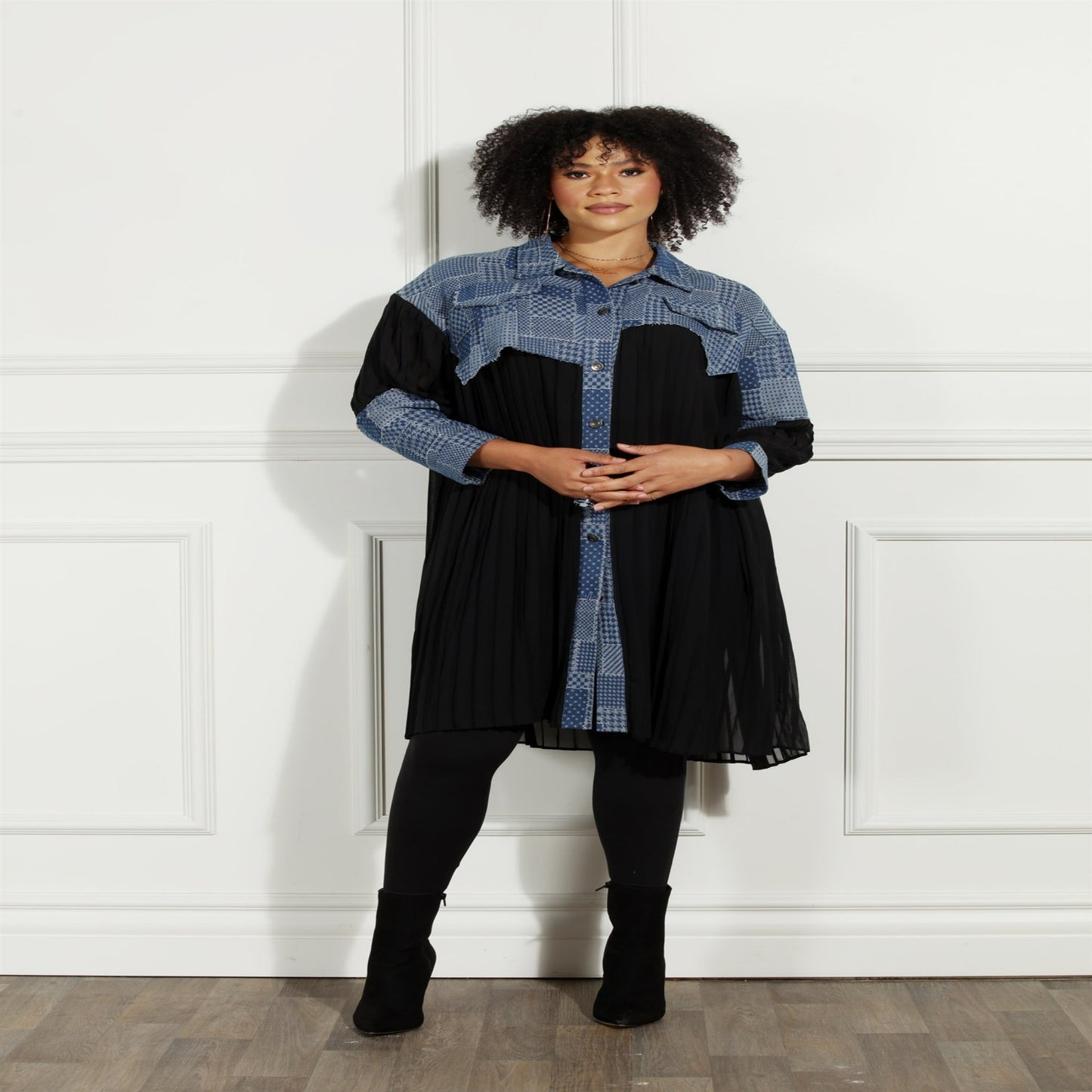 Lady Patchwork Denim Sheer Shirt Dress