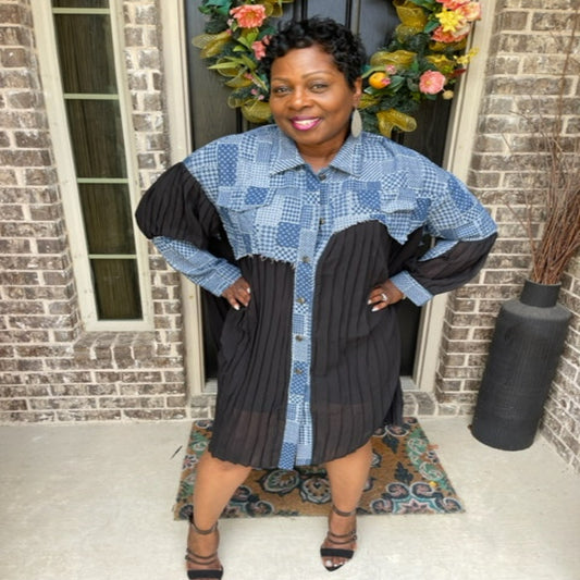 Lady Patchwork Denim Sheer Shirt Dress
